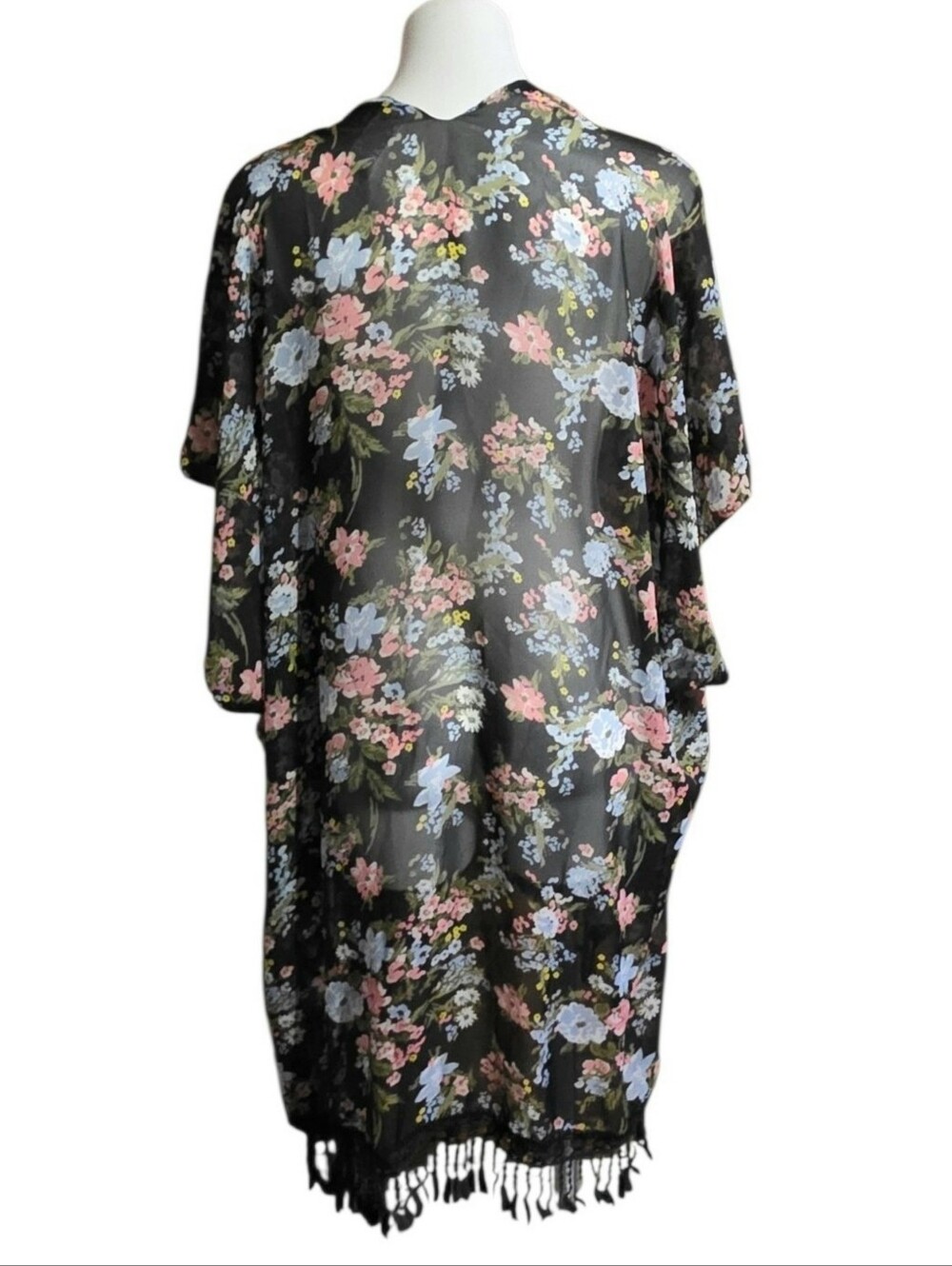 Time And Tru Black Sheer Floral Kimono With Fringe One Size - Picture 4 of 10